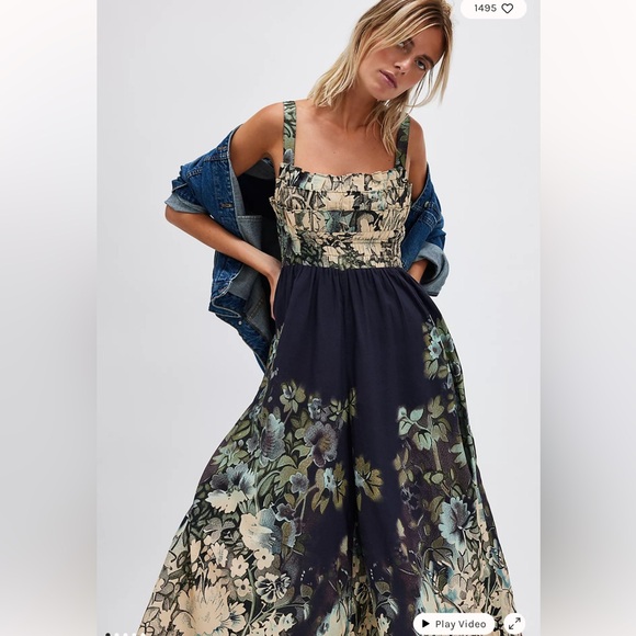 Free People Bali Westward Trails Printed Wide Leg Ruffles Jumpsuit S